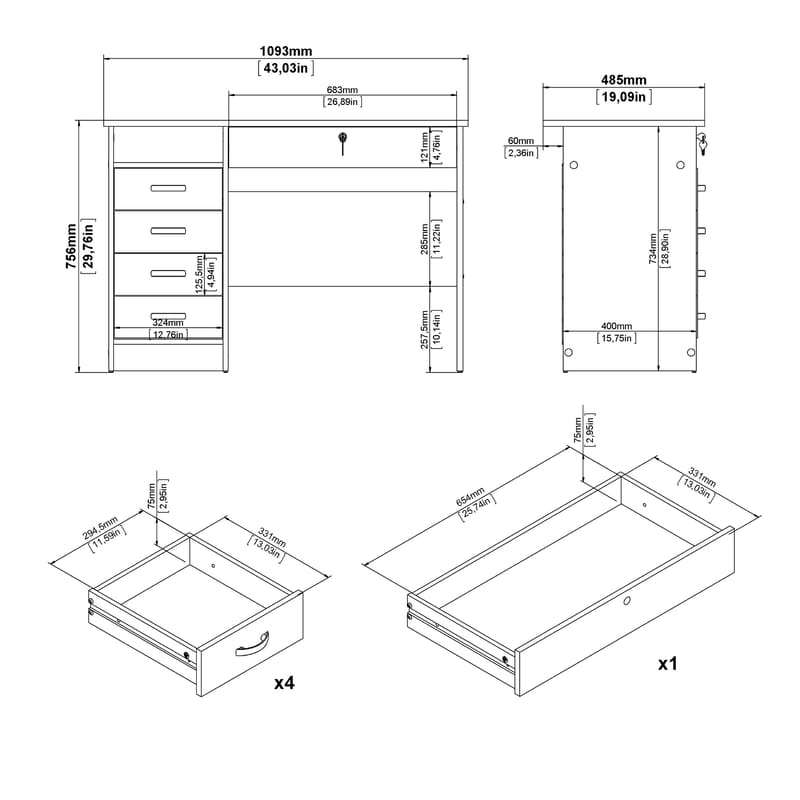 Klintberg Skrivebord med 5 skuffer 109x48x76 cm - Møbler - Bord - Kontorbord - Skrivebord