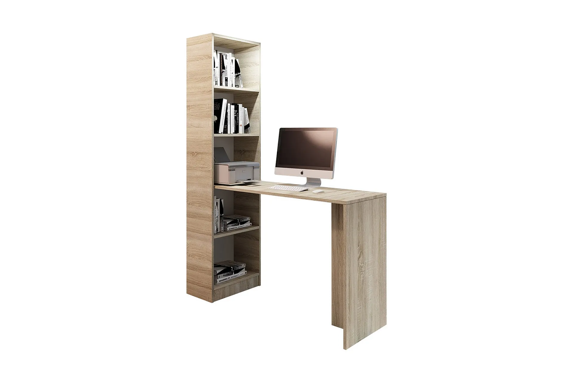 Kylien Skrivebord 125 cm LED-belysning med Bokhylle Hvit LED - Eikefarge