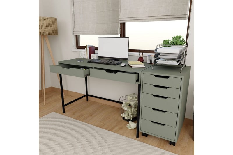 Loryn Skrivebord 120 cm med Skuffer og Hjul i Malt Tre - Grønn - Møbler - Bord - Kontorbord - Skrivebord