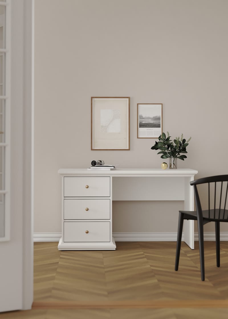Paris Skrivebord 130 cm med Oppbevaring og Skuffer i Malt Tre - Hvit - Møbler - Bord - Kontorbord - Skrivebord