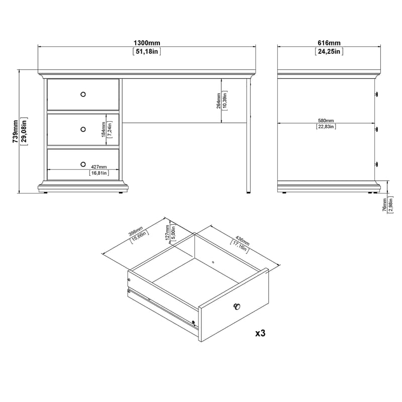 Paris Skrivebord 130 cm med Oppbevaring og Skuffer i Malt Tre - Hvit - Møbler - Bord - Kontorbord - Skrivebord