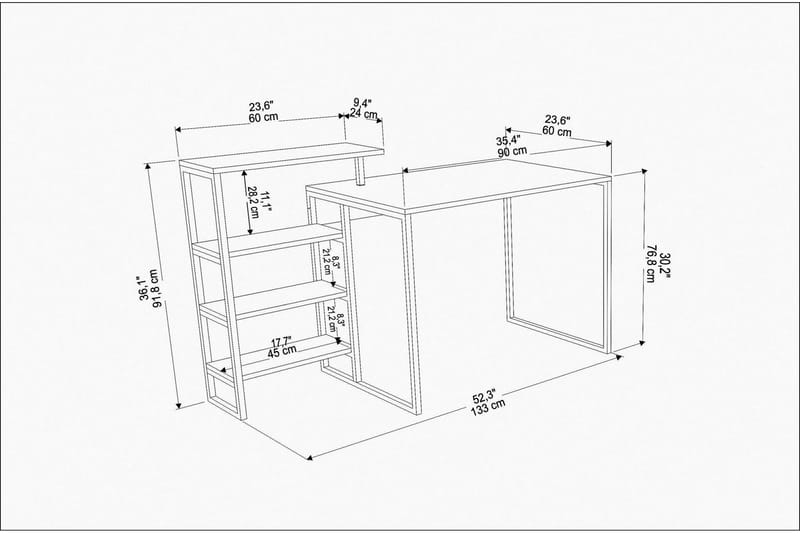 Andifli Skrivebord 60x76,8x133 cm med oppbevaring - Hvit - Skrivebord