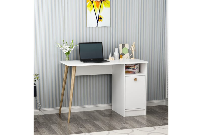 Bauksa Skrivebord 110 cm med Oppbevaring Hylle + Skap - Hvit - Skrivebord