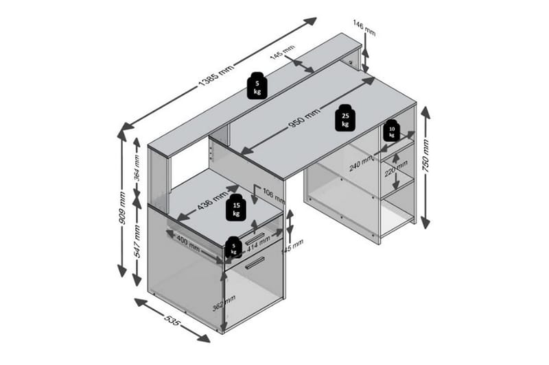 Bolton Skrivebord 139 cm med Oppbevaring - Betonggrå/Hvit - Skrivebord