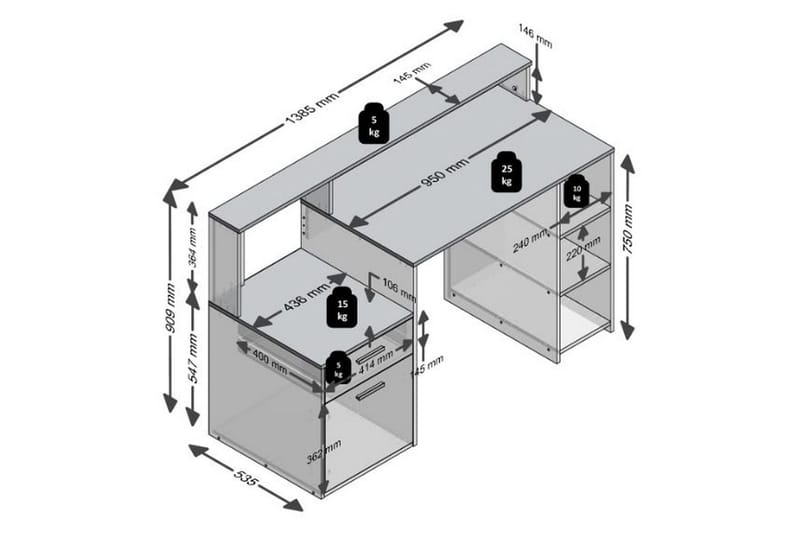 Bolton Skrivebord 139 cm med Oppbevaring - Hvit/Eik - Møbler - Bord - Kontorbord - Skrivebord