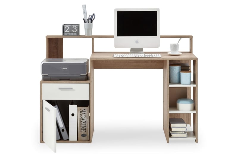Bolton Skrivebord 139 cm med Oppbevaring - Hvit/Eik - Møbler - Bord - Kontorbord - Skrivebord