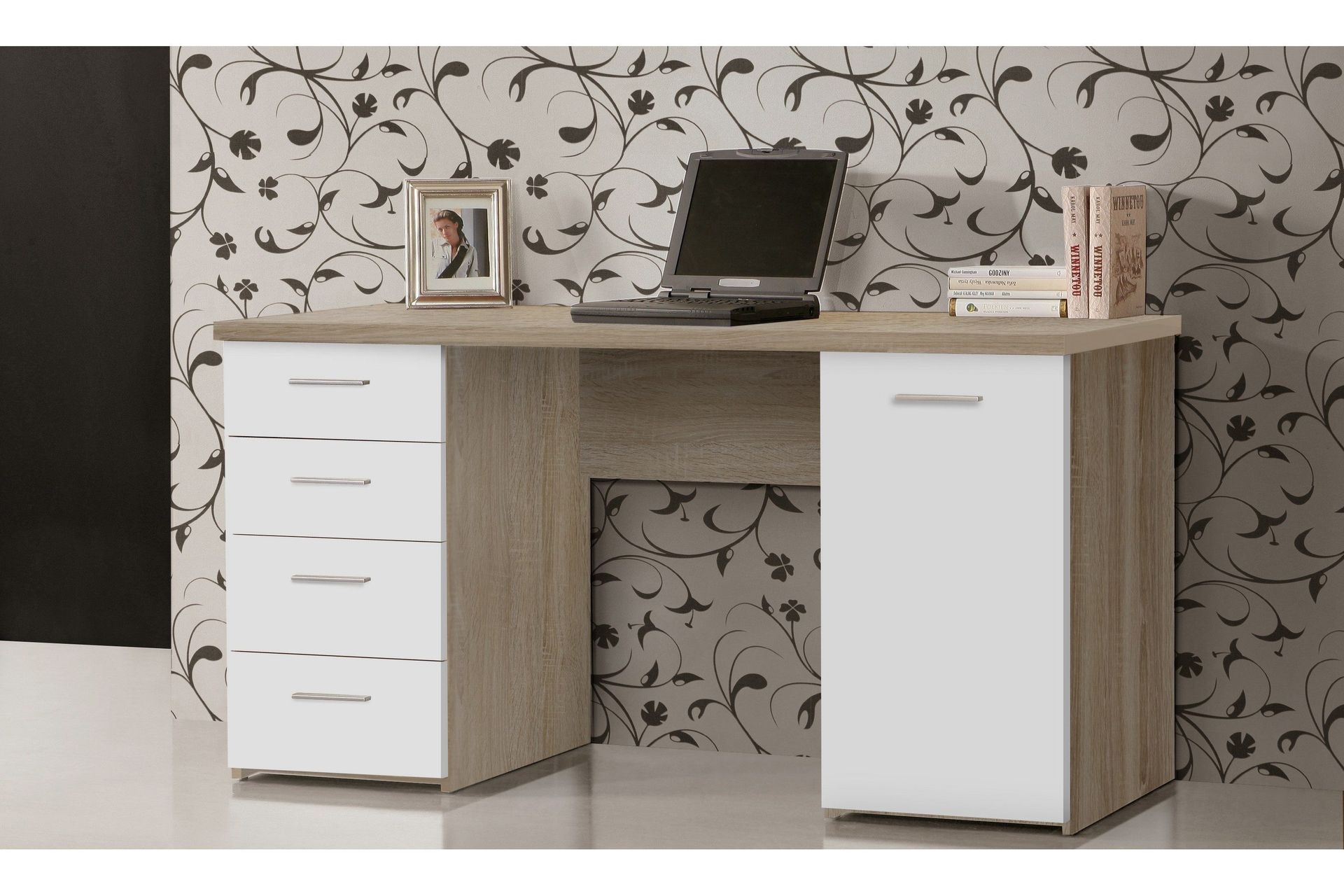 Bowlee Skrivebord 145 cm med Oppbevaring 4 Skuffer + Skap - Brun