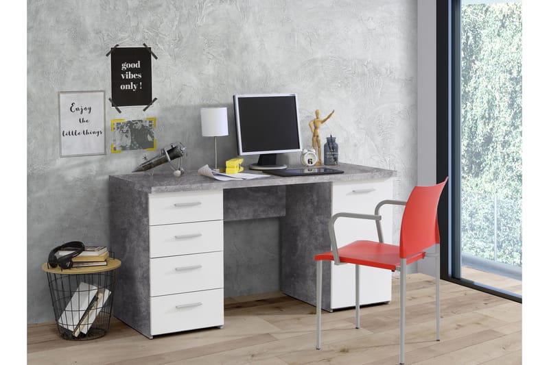 Bowlee Skrivebord 145 cm med Oppbevaring Skap + 4 Skuffer + - Grå/Hvit - Møbler - Bord - Kontorbord - Skrivebord