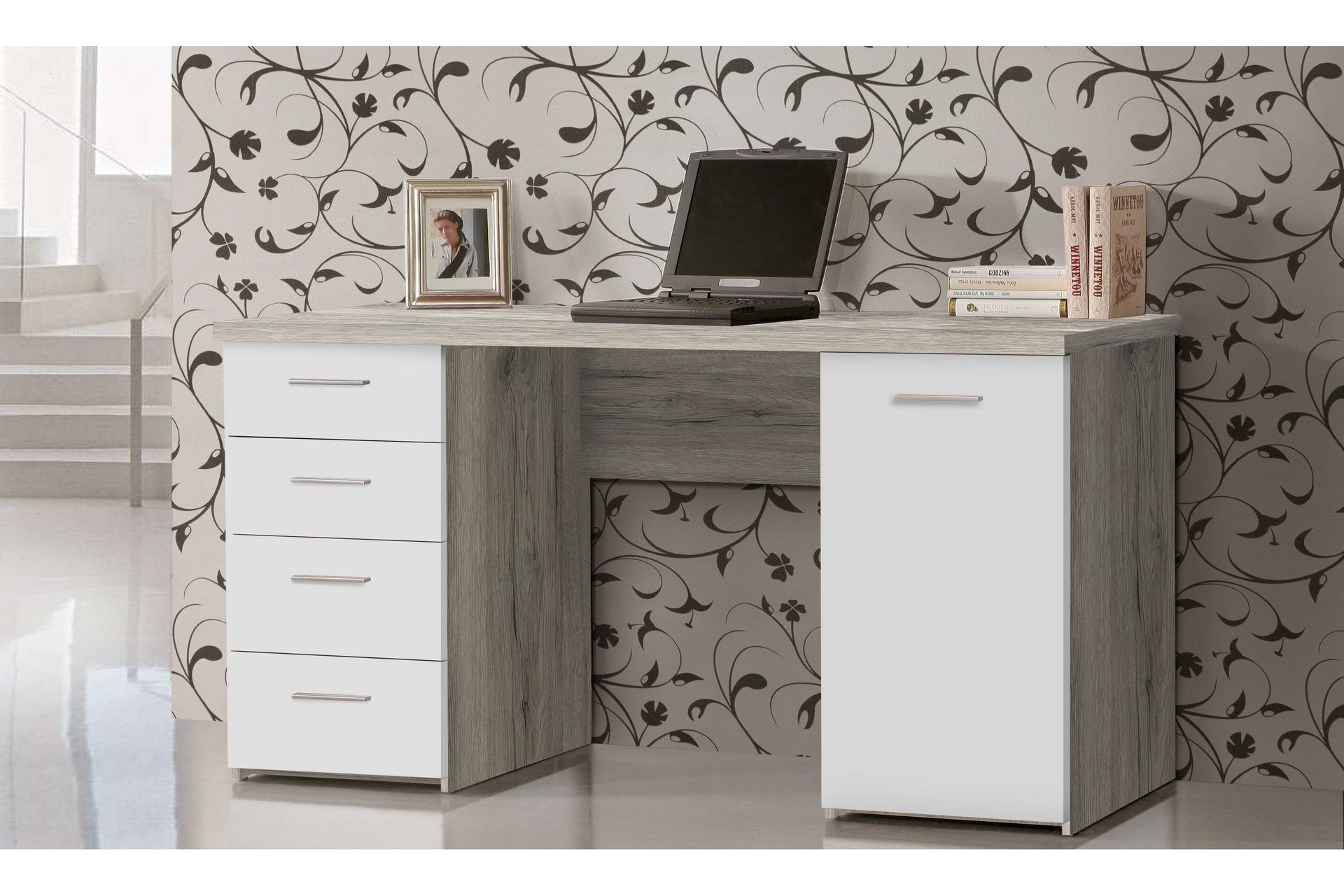 Bowlee Skrivebord 145 cm med Oppbevaring Skap + 4 Skuffer + - Hvit