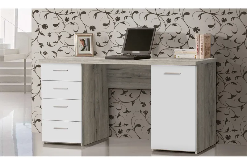 Bowlee Skrivebord 145 cm med Oppbevaring Skap + 4 Skuffer + - Hvit - Møbler - Bord - Kontorbord - Skrivebord