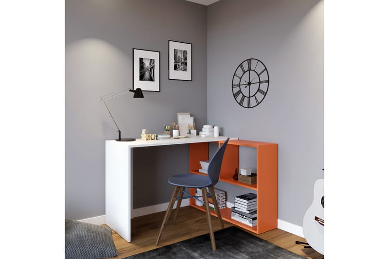 Cabeci Skrivebord 120 cm med Oppbevaringshyller - Hvit/Oransje - Skrivebord
