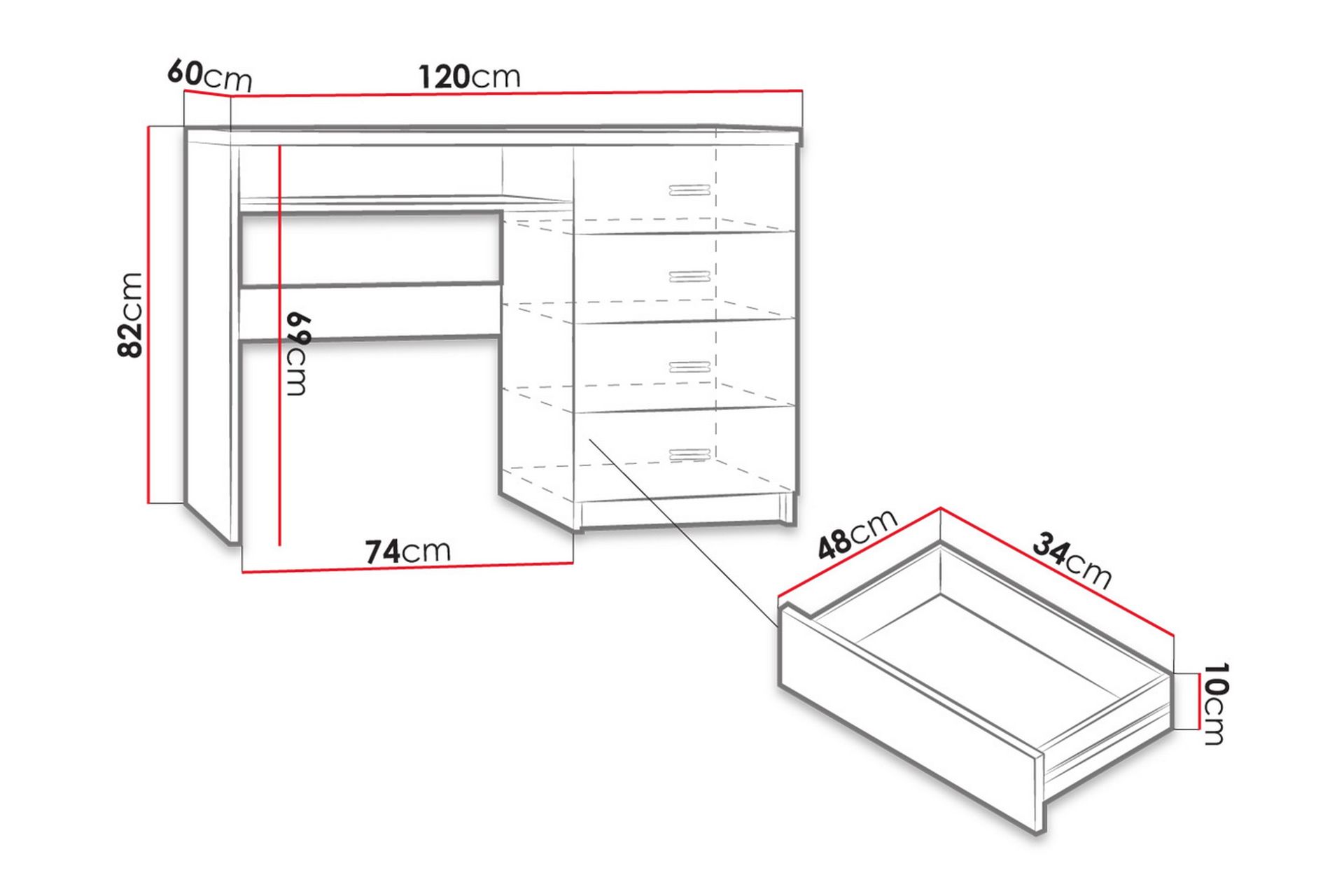 Castillia Skrivebord 120 cm med Oppbevaring 4 Skuffer + Hyll - Lyse Ask - Møbler - Bord - Kontorbord - Skrivebord