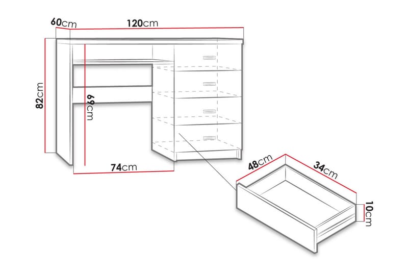 Castillia Skrivebord 120 cm med Oppbevaring 4 Skuffer + Hyll - Lyse Ask - Møbler - Bord - Kontorbord - Skrivebord