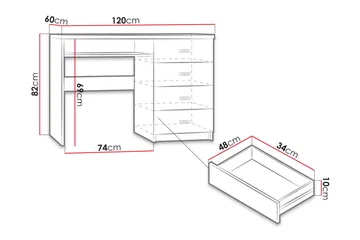Castillia Skrivebord 120 cm med Oppbevaring 4 Skuffer + Hyll - Mørke Ask - Møbler - Bord - Kontorbord - Skrivebord