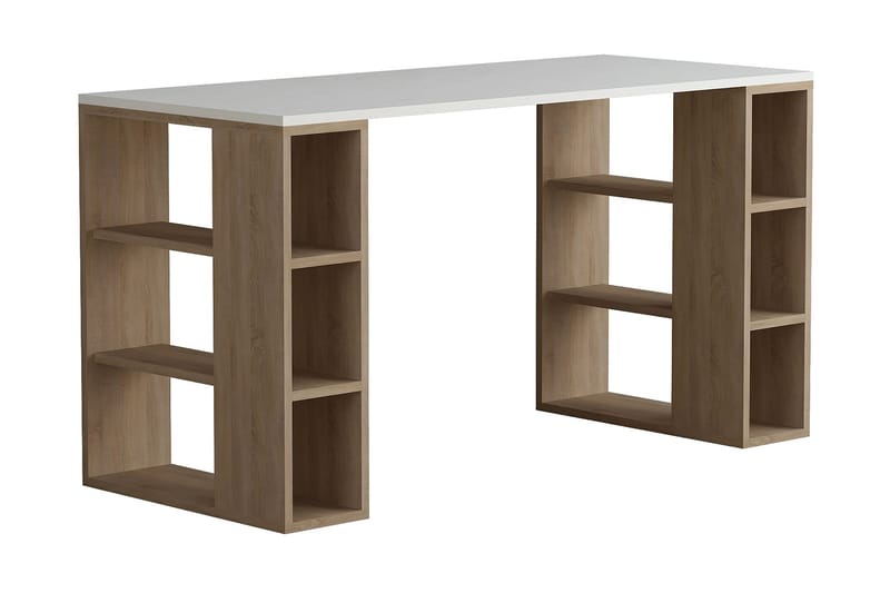 Colmaron Skrivebord 140 cm med Oppbevaringshyller - Hvit/Eikfarge - Møbler - Bord - Kontorbord - Skrivebord