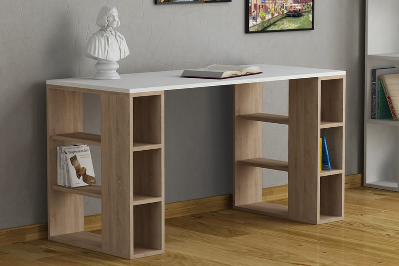 Colmaron Skrivebord 140 cm med Oppbevaringshyller - Hvit/Eikfarge - Møbler - Bord - Kontorbord - Skrivebord