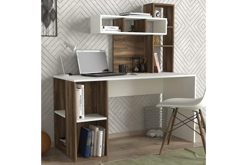 Coralle Skrivebord 140 cm med Oppbevaringshyller - Hvit/Valnøttsbrun - Møbler - Bord - Kontorbord - Skrivebord