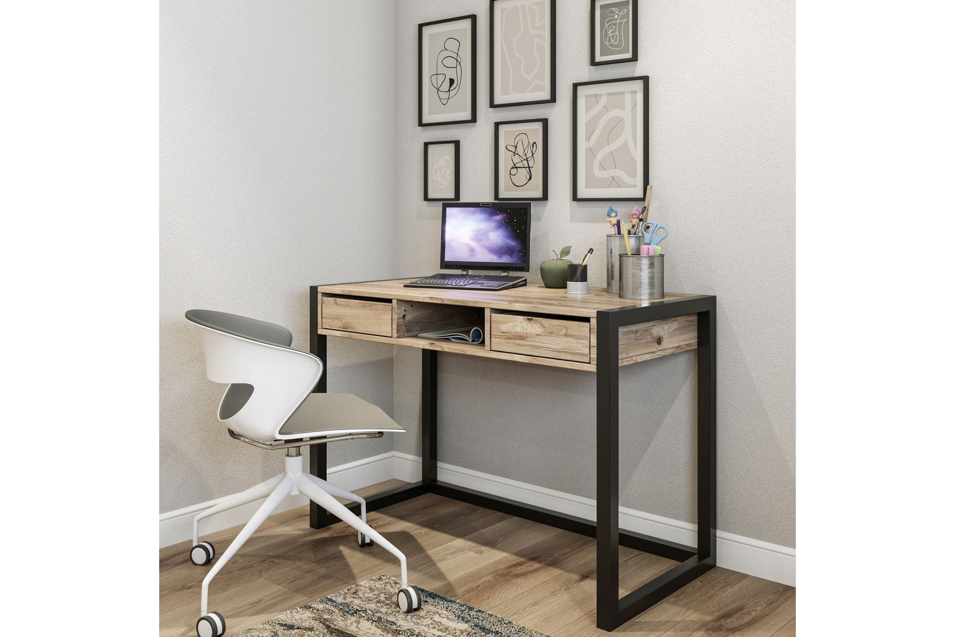 Corieon Skrivebord 115 cm med Oppbevaring Skuffer + Hylle - Tre/Natur/Svart - Møbler - Bord - Kontorbord - Skrivebord