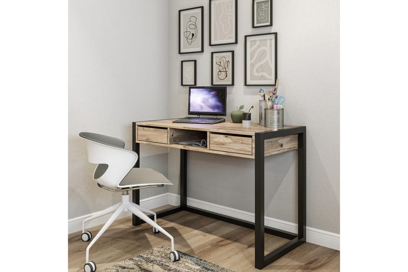 Corieon Skrivebord 115 cm med Oppbevaring Skuffer + Hylle - Tre/Natur/Svart - Møbler - Bord - Kontorbord - Skrivebord