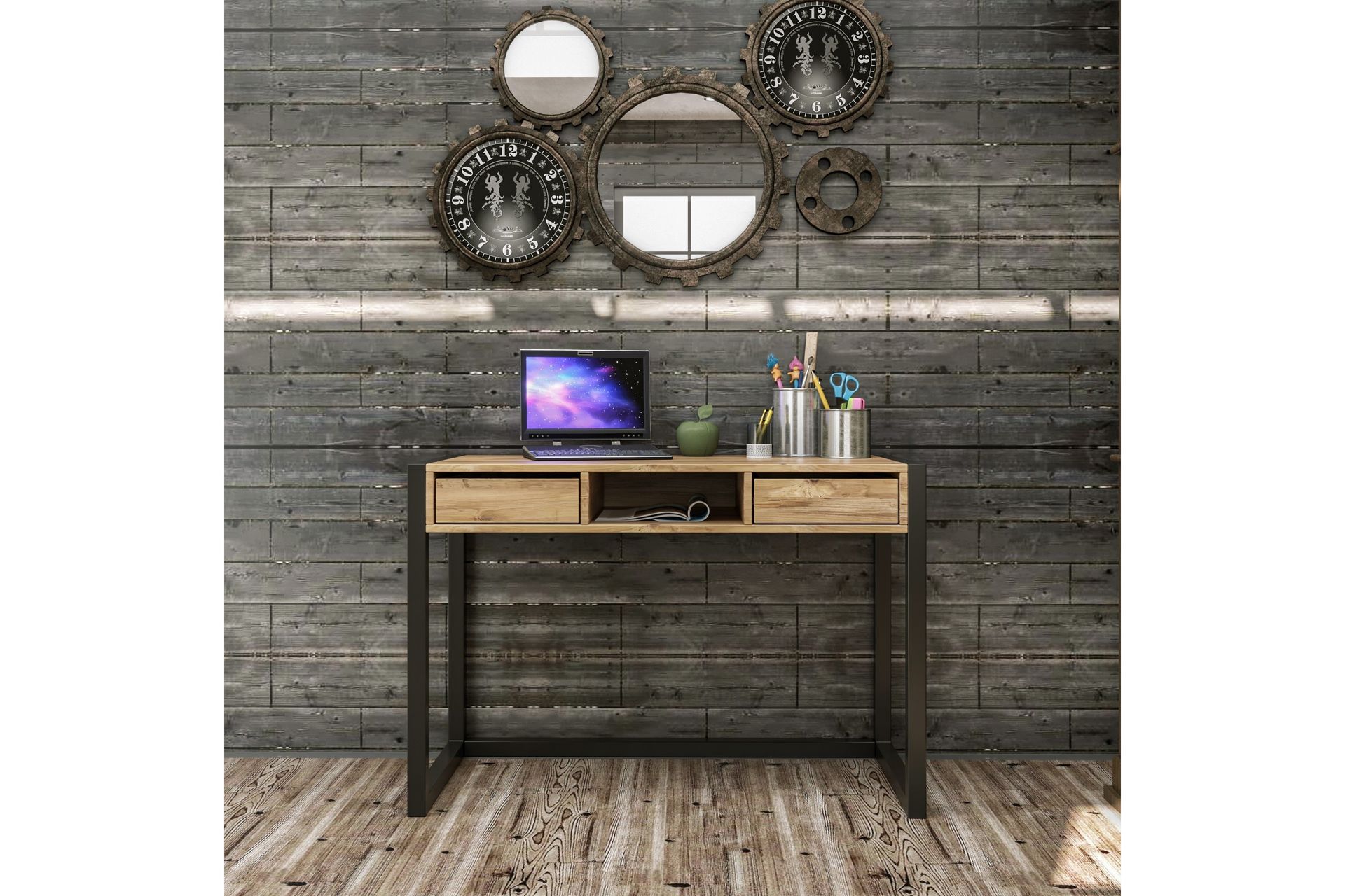 Corieon Skrivebord 115 cm med Oppbevaring Skuffer + Hylle - Tre/Natur/Svart - Møbler - Bord - Kontorbord - Skrivebord