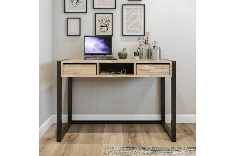 Corieon Skrivebord 115 cm med Oppbevaring Skuffer + Hylle - Tre/Natur/Svart - Møbler - Bord - Kontorbord - Skrivebord
