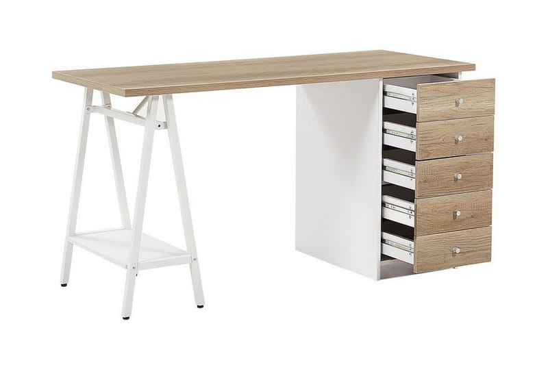 Dawber Skrivebord 140 cm med Oppbevaring 5 Skuffer + Hylle - Lysebrun - Skrivebord