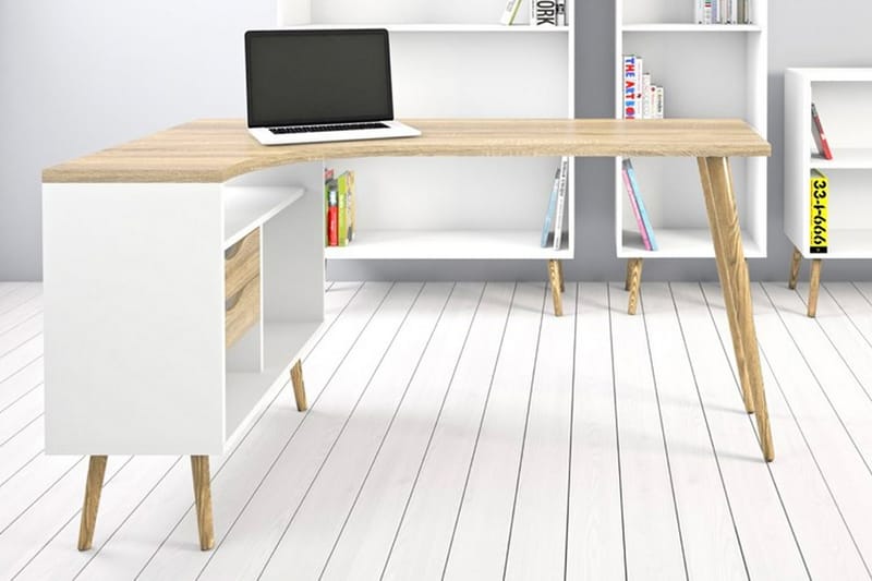 Delta Skrivebord 145 cm med Oppbevaring Skuffer + Hyller - Hvit/Natur - Møbler - Bord - Kontorbord - Skrivebord