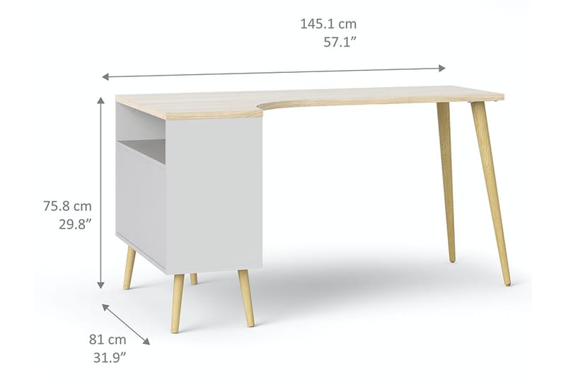 Delta skrivebord 145 cm med oppbevaring skuffer + hyller - Hvit/Natur - Møbler - Bord - Kontorbord - Skrivebord