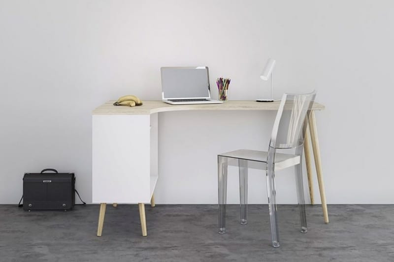 Delta skrivebord 145 cm med oppbevaring skuffer + hyller - Hvit/Natur - Møbler - Bord - Kontorbord - Skrivebord