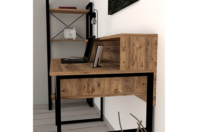 Dengeze Skrivebord 120 cm med Oppbevaring 2 Hyller - Valnøttbrun/Svart - Skrivebord