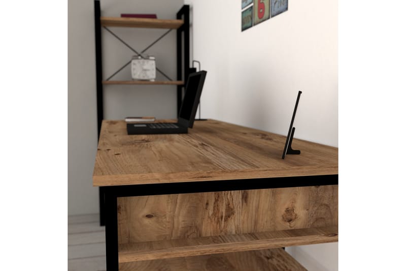 Dengeze Skrivebord 150 cm med Oppbevaring 5 Hyller - Valnøttbrun/Svart - Skrivebord