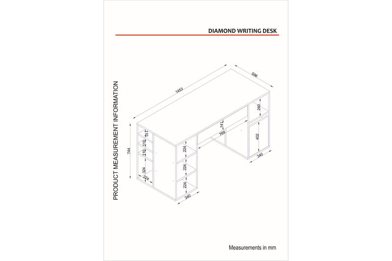 Diamonas Skrivebord 145 cm med Oppbevaringshyller + Skuffer - Hvit - Skrivebord