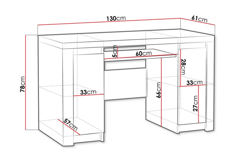 Domardon Skrivebord 130 cm med Oppbevaring 2 Skap - Tre/Hvit - Møbler - Bord - Kontorbord - Skrivebord