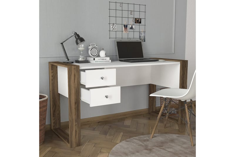 Dorlord Skrivebord 140 cm med Oppbevaring Skuffer - Hvit/Valnøttsbrun - Skrivebord