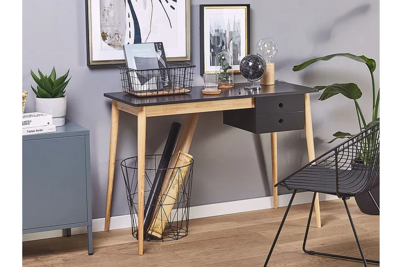 Ebeme Skrivebord 106 cm med Oppbevaring 2 Skuffer - Svart/Lysebrun - Møbler - Bord - Kontorbord - Skrivebord