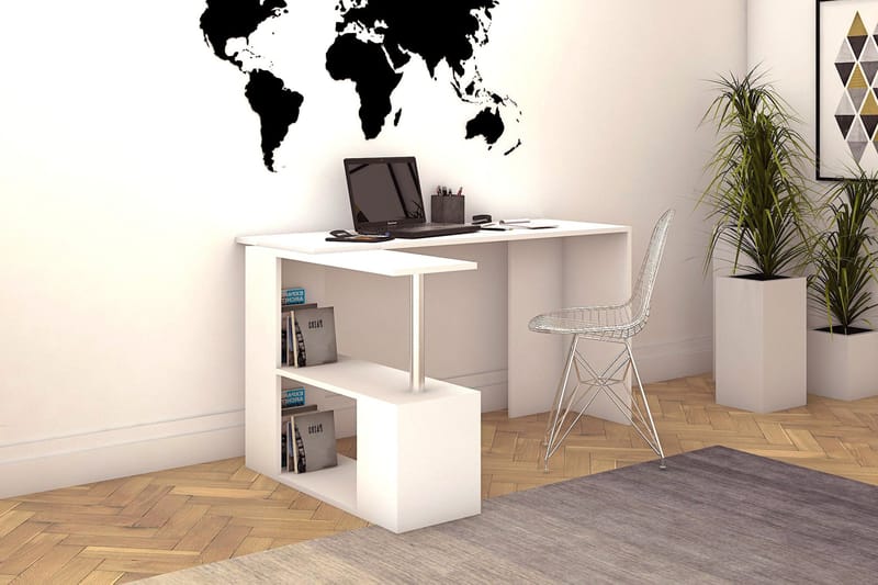 Elegancia Skrivebord 130 cm med Oppbevaringshyller L-form - Hvit - Skrivebord