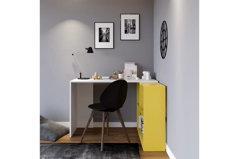 Ernage Skrivebord 120 cm med Oppbevaringshyller - Hvit/Gul - Skrivebord