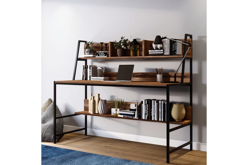 Faydali Skrivebord 140 cm med Oppbevaringshyller - Mørkebrun/Svart - Møbler - Bord - Kontorbord - Skrivebord