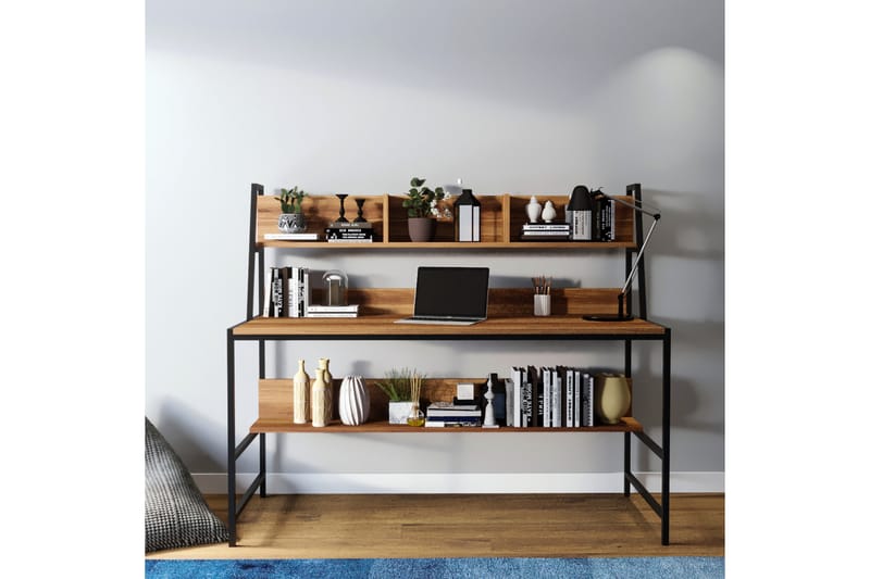 Faydali Skrivebord 140 cm med Oppbevaringshyller - Mørkebrun/Svart - Møbler - Bord - Kontorbord - Skrivebord
