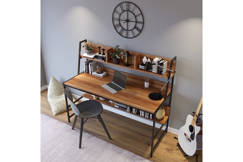 Faydali Skrivebord 140 cm med Oppbevaringshyller - Mørkebrun/Svart - Møbler - Bord - Kontorbord - Skrivebord