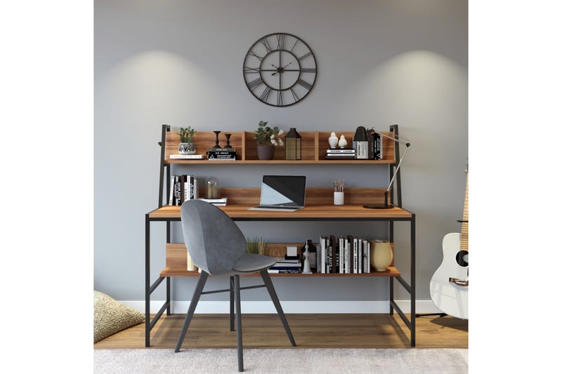 Faydali Skrivebord 140 cm med Oppbevaringshyller - Mørkebrun/Svart - Møbler - Bord - Kontorbord - Skrivebord