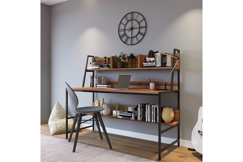 Faydali Skrivebord 140 cm med Oppbevaringshyller - Mørkebrun/Svart - Møbler - Bord - Kontorbord - Skrivebord