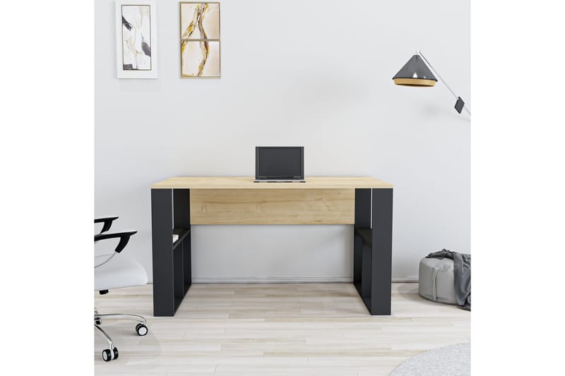 Flinspach Skrivebord 120 cm med Oppbevaringshyller - Eikfarge/Svart - Skrivebord