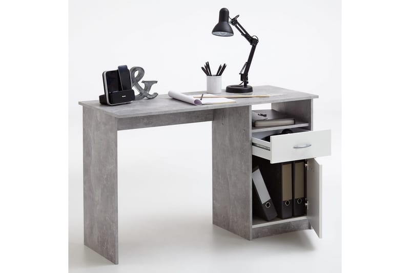 FMD Skrivebord med 1 skuff 123x50x76,5 cm betong og hvit - Skrivebord