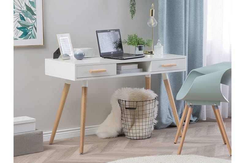 Frisange Skrivebord 120 cm med Oppbevaring 2 Skuffer + Hylle - Hvit/Lysebrun - Møbler - Bord - Kontorbord - Skrivebord