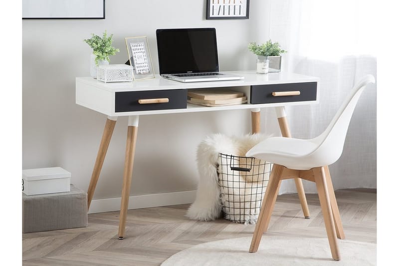 Frisange Skrivebord 120 cm med Oppbevaring 2 Skuffer + Hylle - Hvit/Mørkegrå/Brun - Møbler - Bord - Kontorbord - Skrivebord