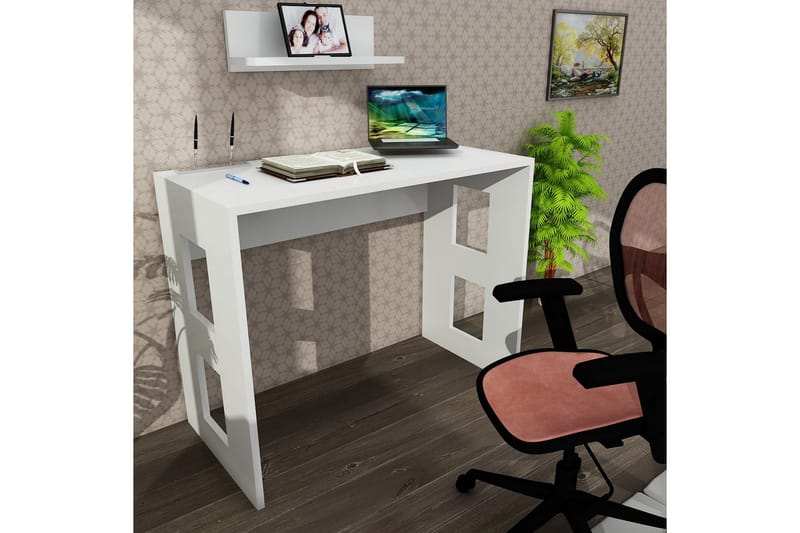 Furny Home Skrivebord 90 cm med Oppbevaring Vegghylle - Hvit - Skrivebord