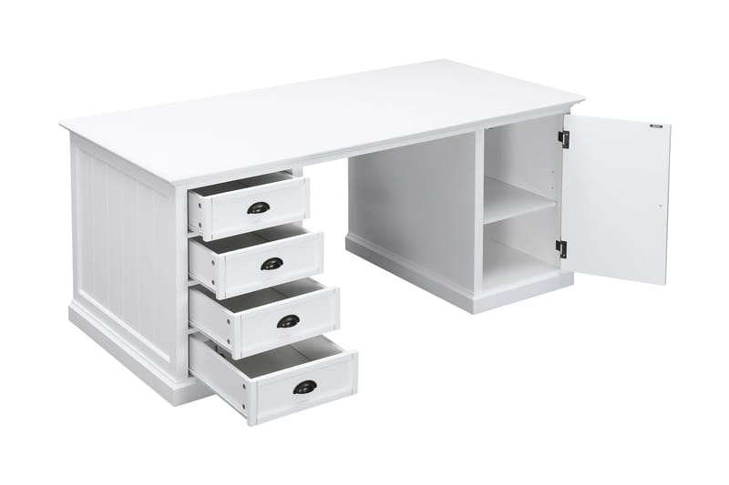 Hampton Skrivebord 170 cm med Oppbevaring 4 Skuffer + Skap - Hvit Mahogny - Skrivebord - Databord