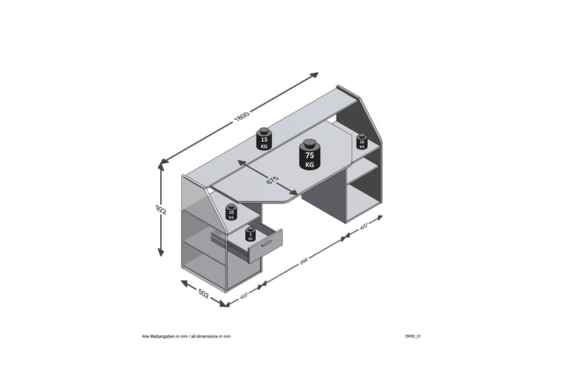 Harvilchuck Skrivebord med Oppbevaringshyller + Skuff + Skap - Grå - Møbler - Bord - Kontorbord - Skrivebord