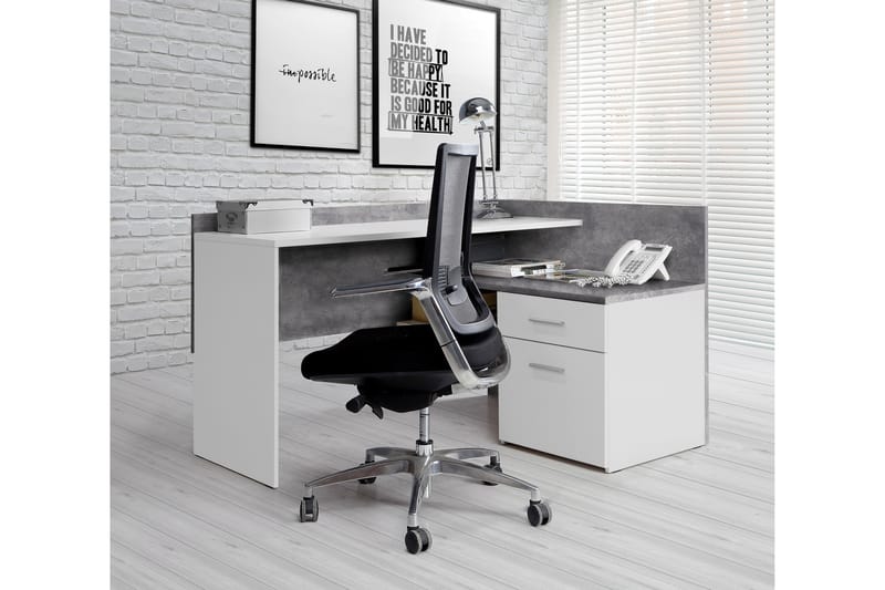 Bowlee Hjørneskrivebord 112 cm med Oppbevaringshyller + Skuf - Hvit/Betonggrå - Hjørneskrivebord